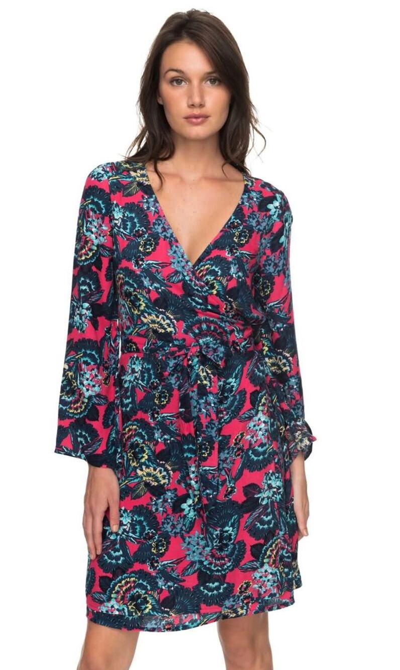 Roxy Floral Tropical Wrap Mini Dress Pink Navy Blue Medium NEW